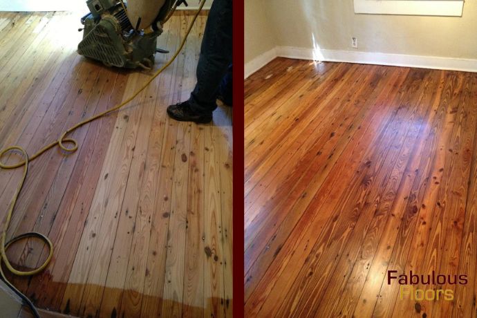 A before and after shot of a hardwood floor refinishing in Woodhaven, SC