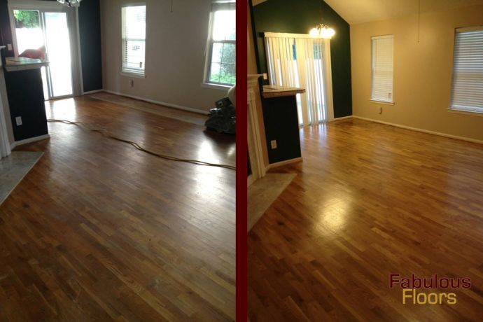 before and after of a hardwood floor refinishing project in meggett, sc