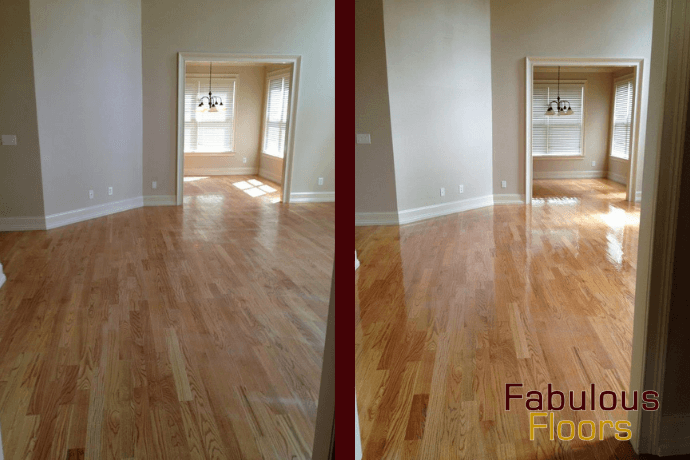 before and after of a hardwood floor refinishing project in sullivans island