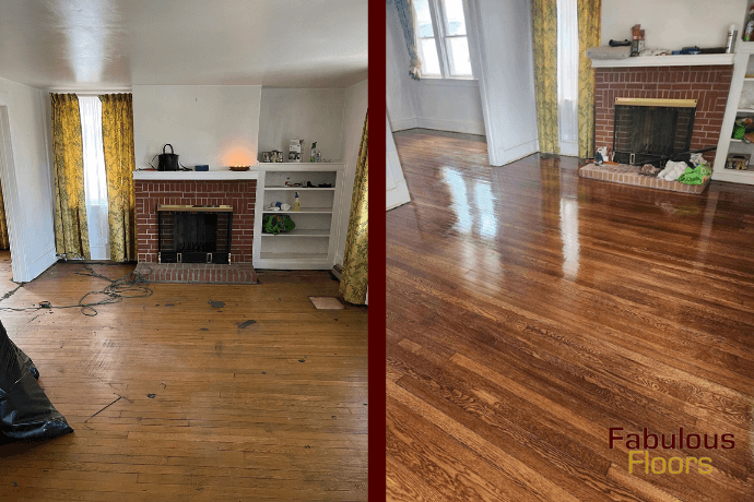 before and after floor refinishing in a living room in woodbridge, sc