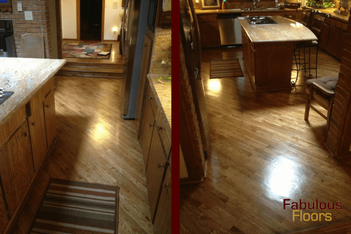 before and after of a hardwood resurfacing job in a woodbridge kitchen